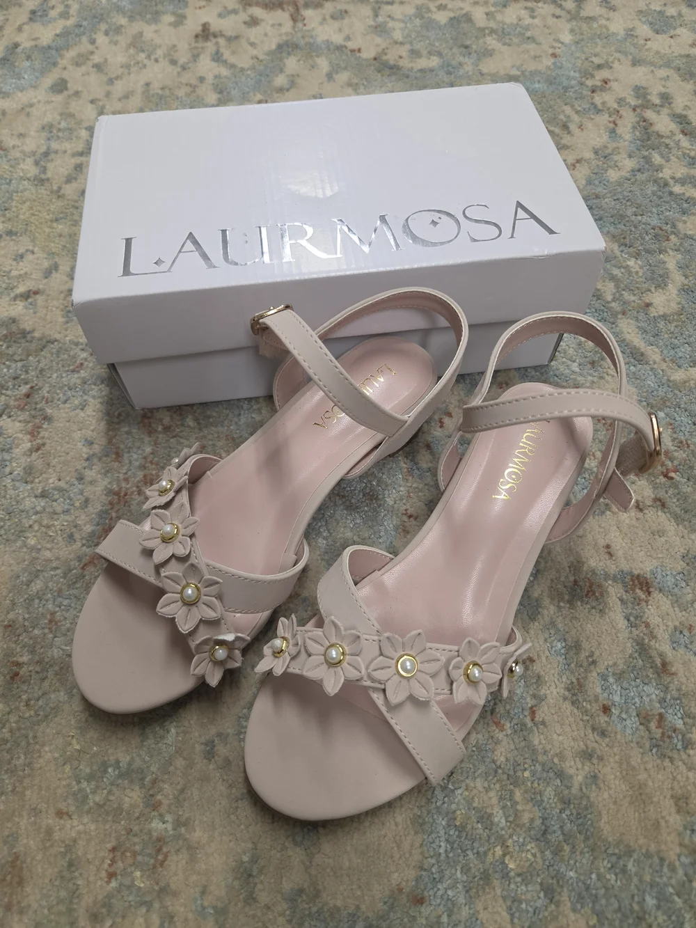 Girl's Floral Accent Dressy Ankle-Strap Sandals - Nude/blush